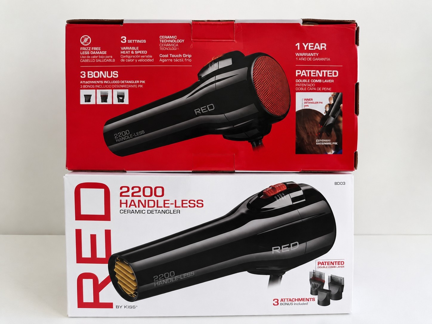 RED by Kiss Handle-Less 2200W Ceramic Hair Dryer w/ Detangler Pik, BD03