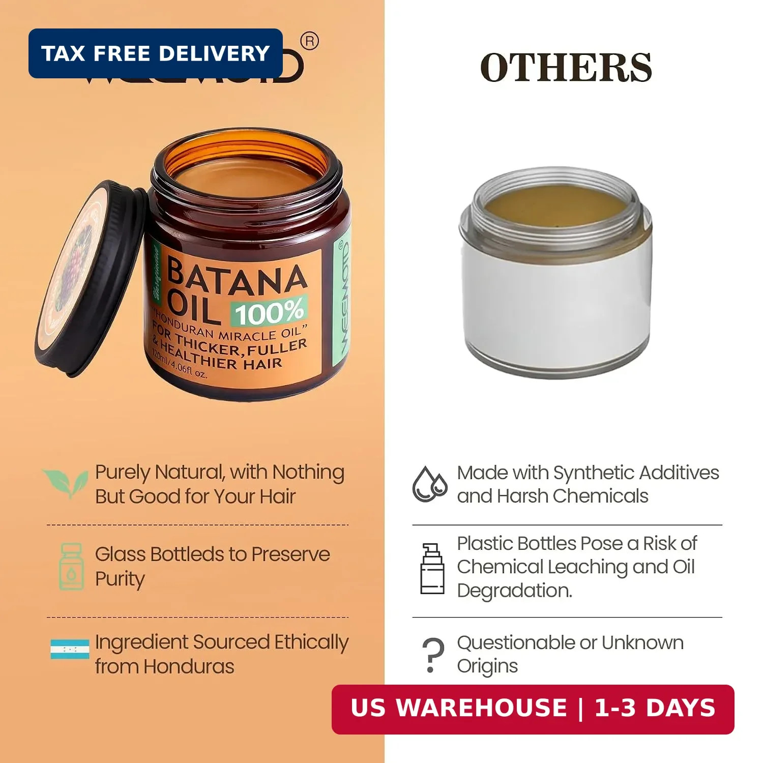 WEEMOTD 100% Raw Batana Oil for Hair from Honduras, 2 Fl Oz, Bright Coffee | Moi