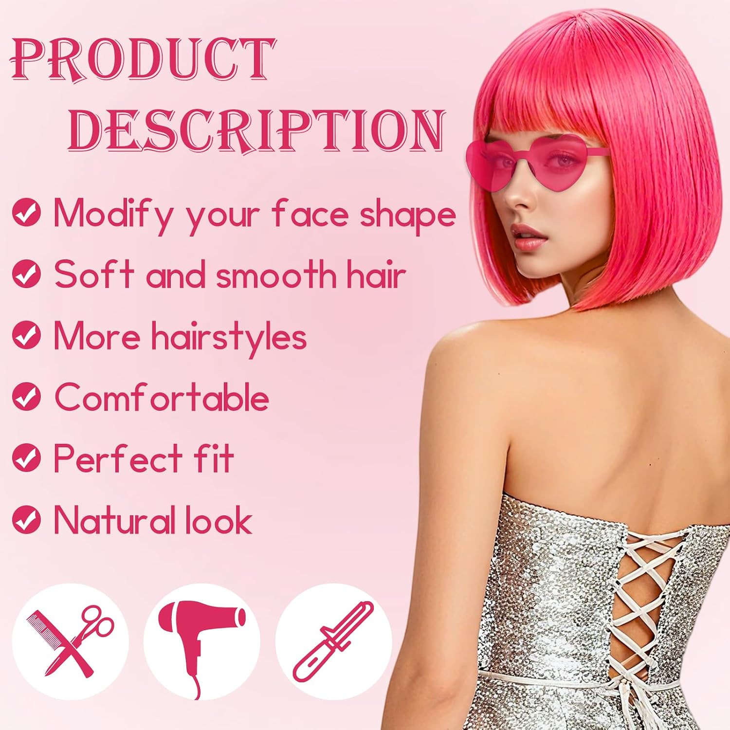 2 Pack Colored Bob Wigs and Heart Sunglasses Set, Blue Hot Pink Short Straight B