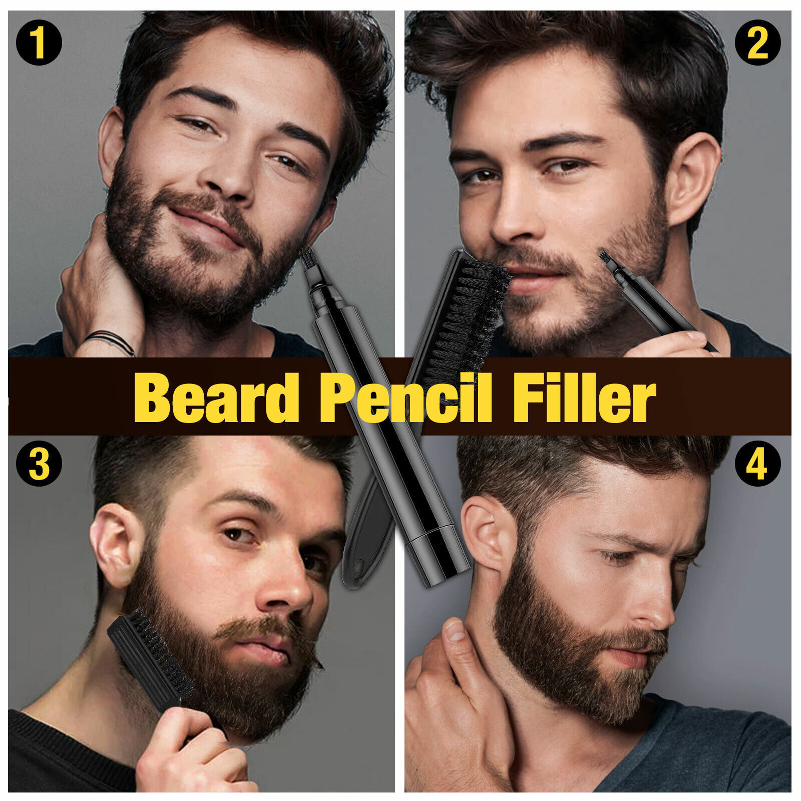 2 × Men Beard Filling Pen Hair Grower Filler Moustache Eyebrow Brush Tool Kit US