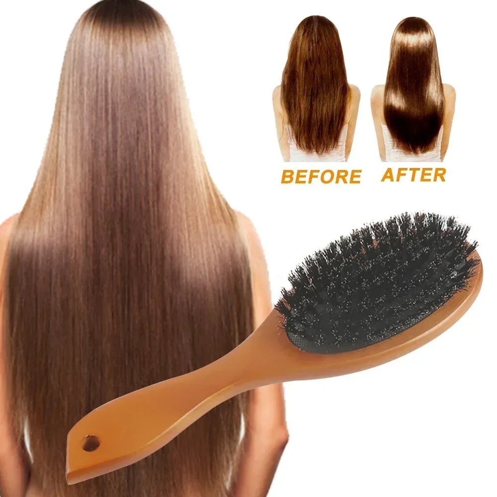 Natural Boar Bristle Hair Brush Paddle Anti Static Scalp Massage Detangler