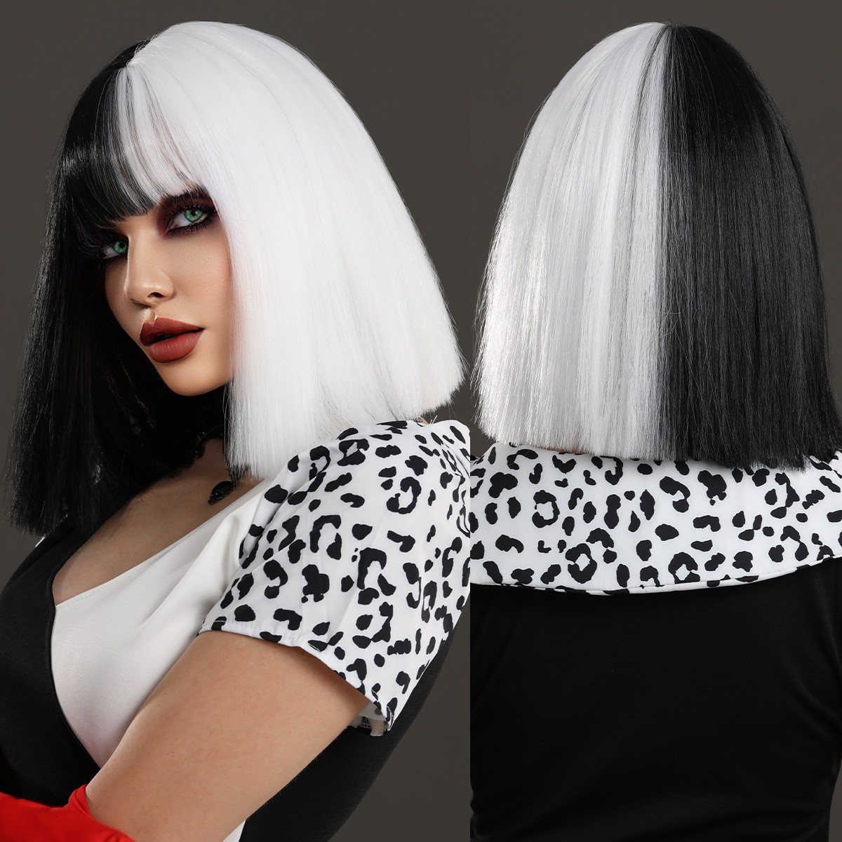 13in Black White Cruella Bob Wig Two Tone Heat Resistant Synthetic Cosplay
