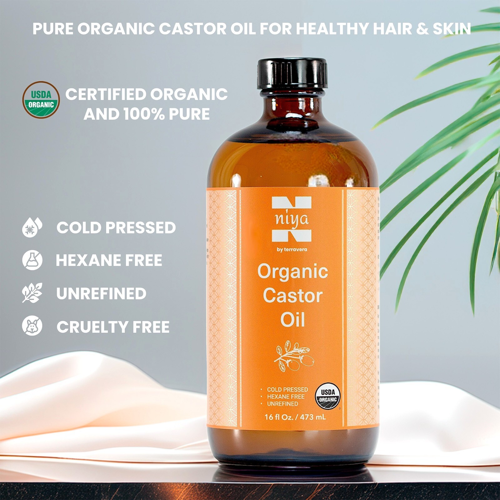 Organic Castor Oil Cold Pressed,Hexane Free Unrefined-Glass Bottle & Pump 16oz