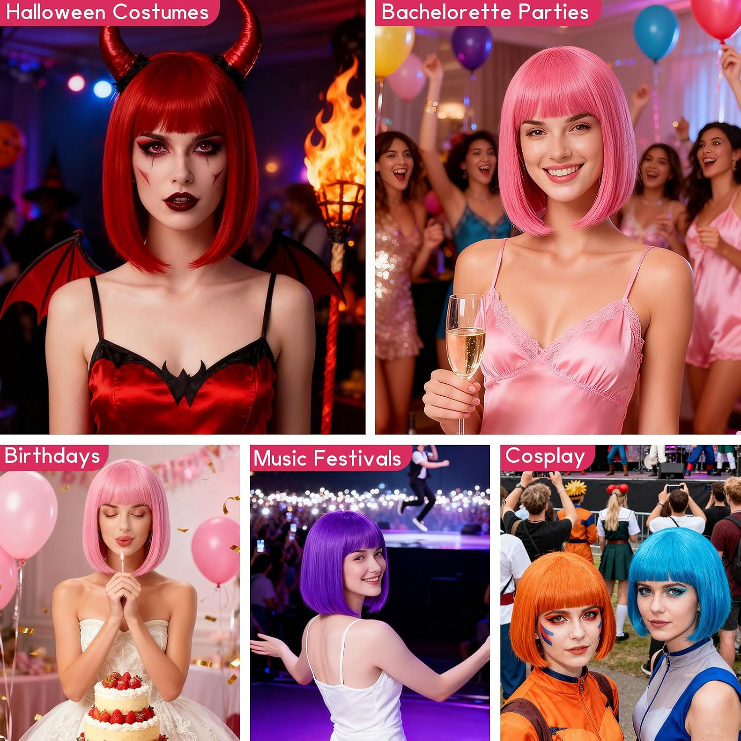 2 Pack Colored Bob Wigs and Heart Sunglasses Set, Blue Hot Pink Short Straight B