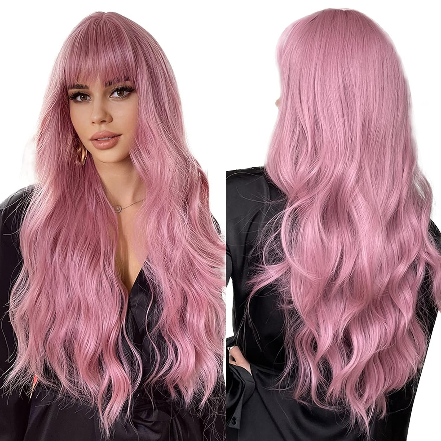 26 Inches Long Pink Wig with Bangs Natural Synthetic Hair Wavy Wigs for Women