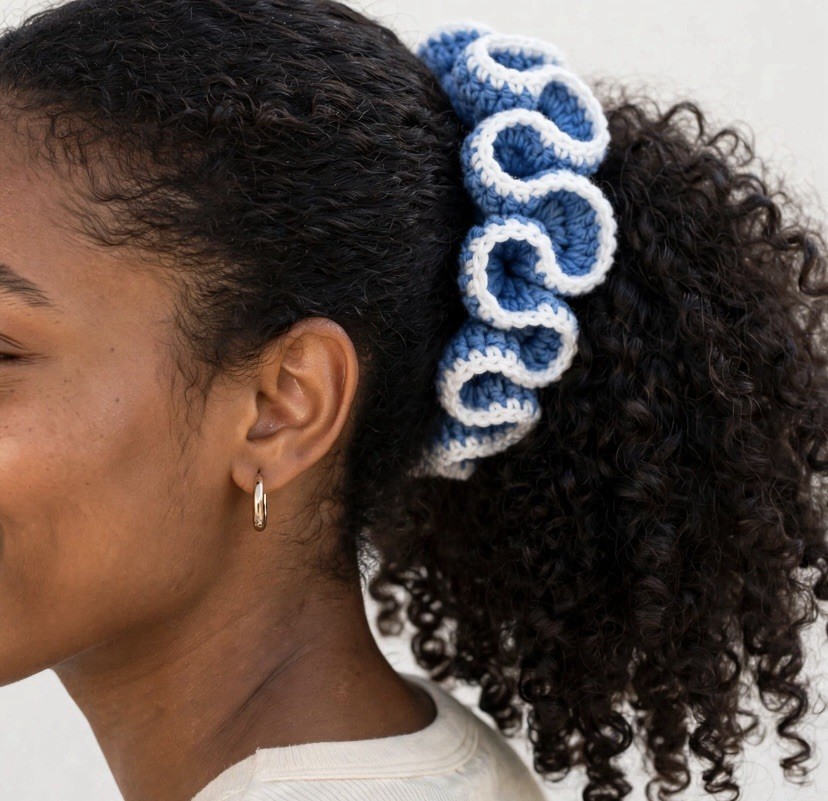 Handmade Crochet Ruffle Scrunchie Hair Tie, Multicolor Yarn, Women/Adult
