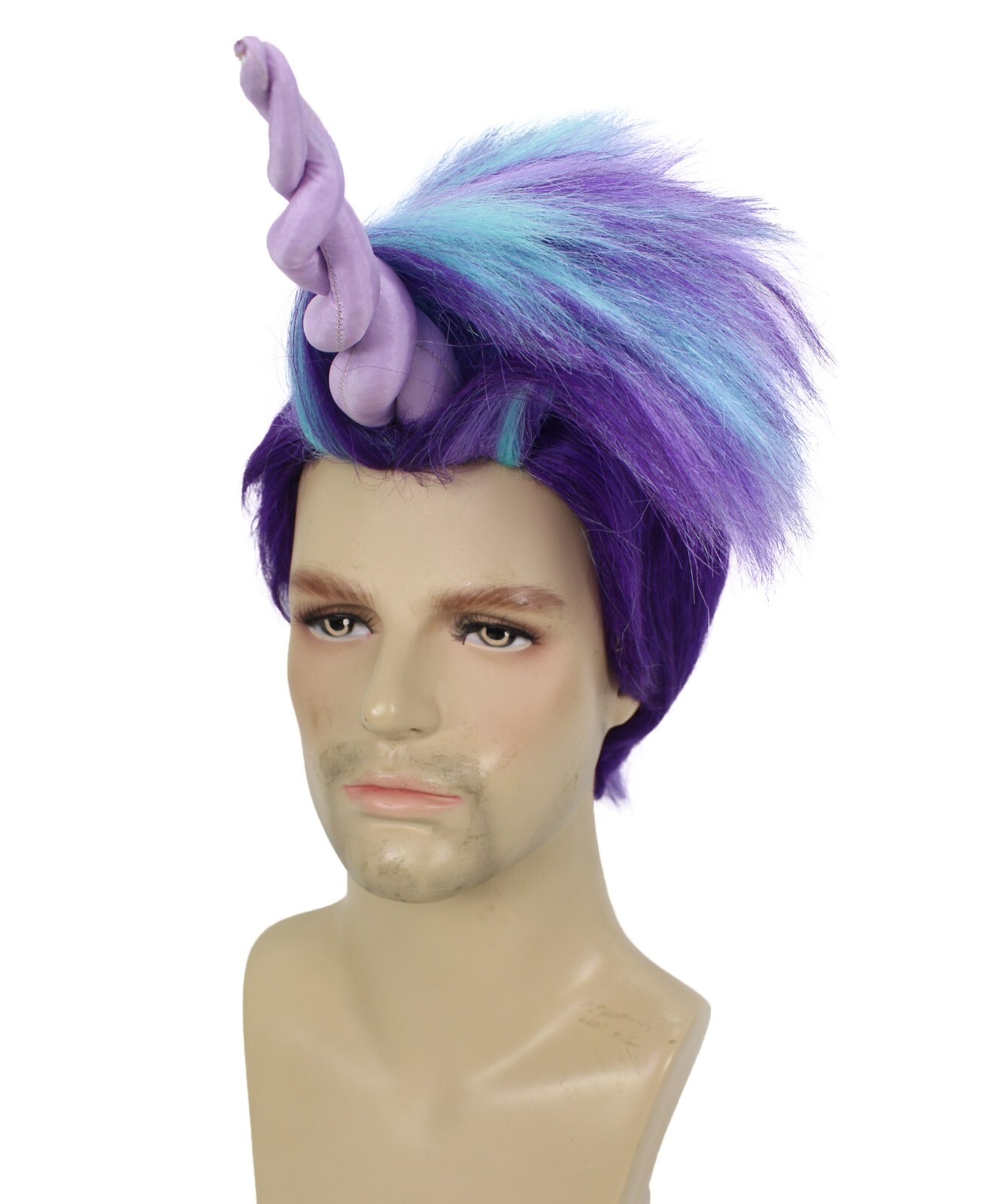 HPO Adult Men’s Fairytale Purple & Blue Spiky Wig with Horn, Unicorn Cosplay Wig