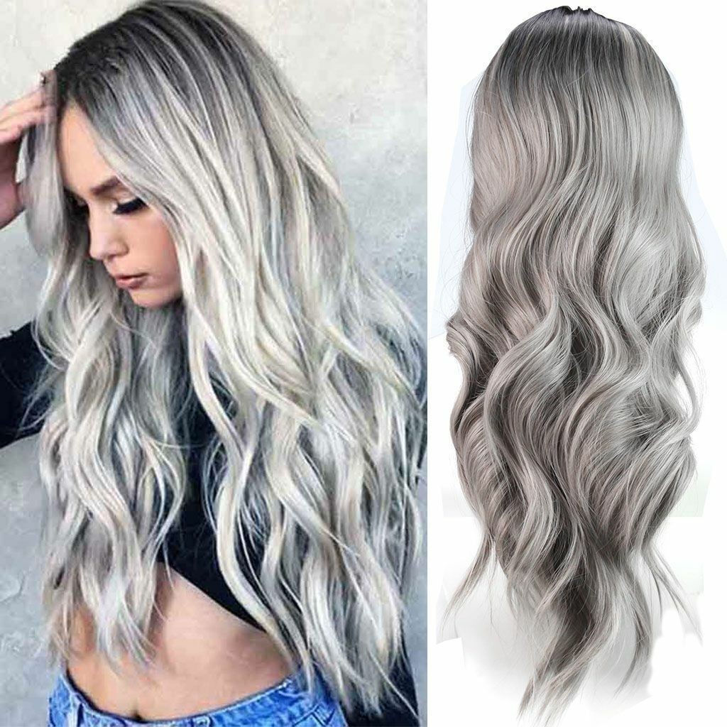 Women Gray White Ombre Long Wavy Curly Full Wigs Cosplay Party Synthetic Hair US