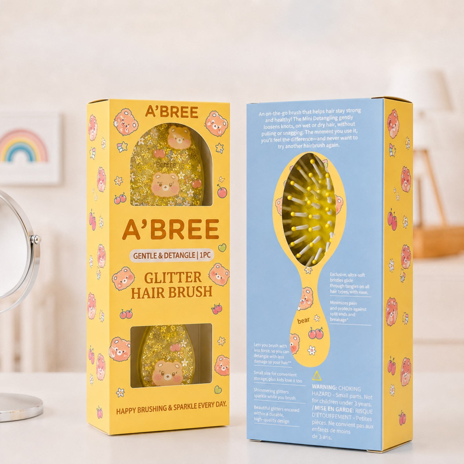A’BREE Mini Glitter Detangling Hair Brush for Kids Girls Women_Sunny Yellow