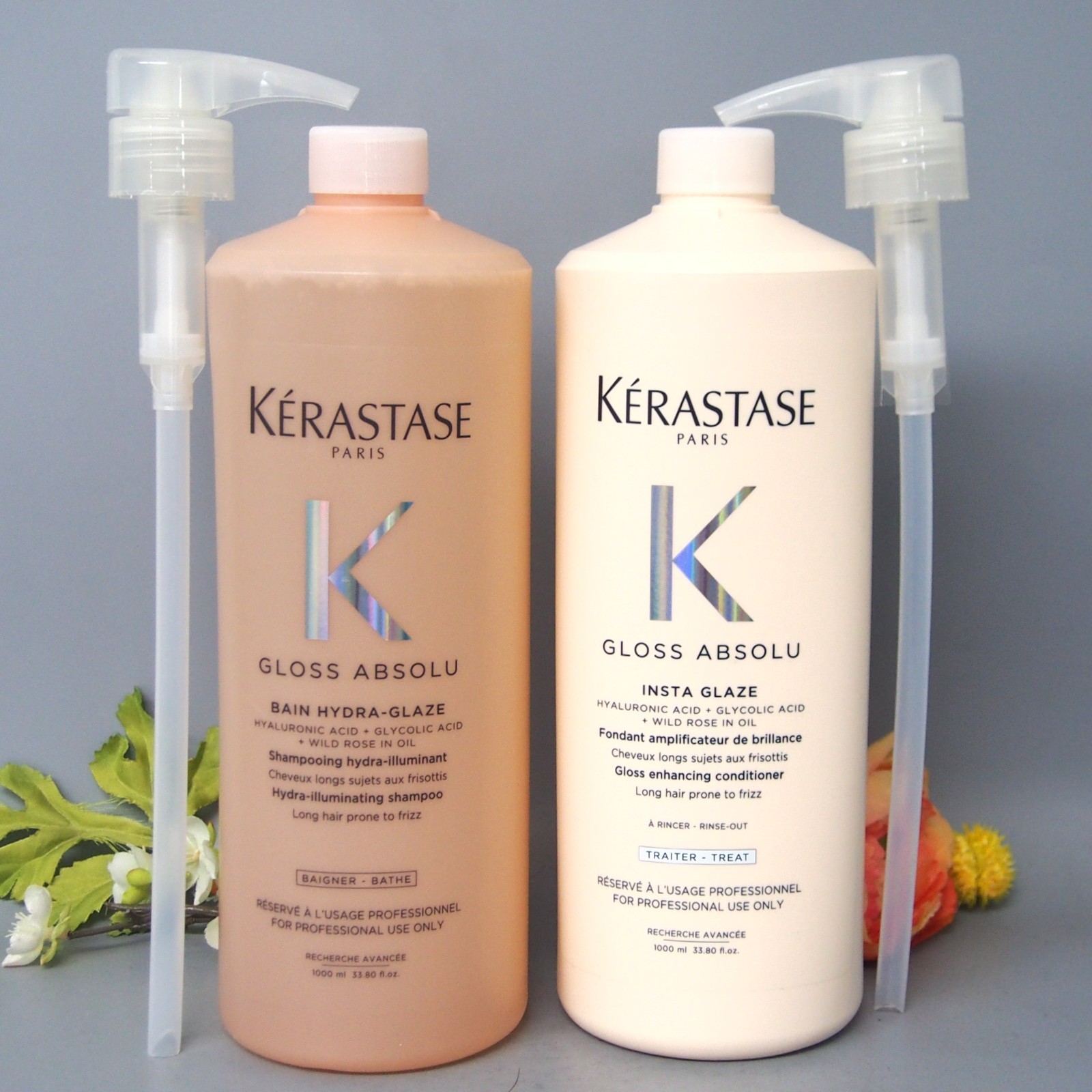 W/PUMPS Kerastase Gloss Absolu Bain Hydra Glaze & Fondant Insta Glaze 33.8oz /1L