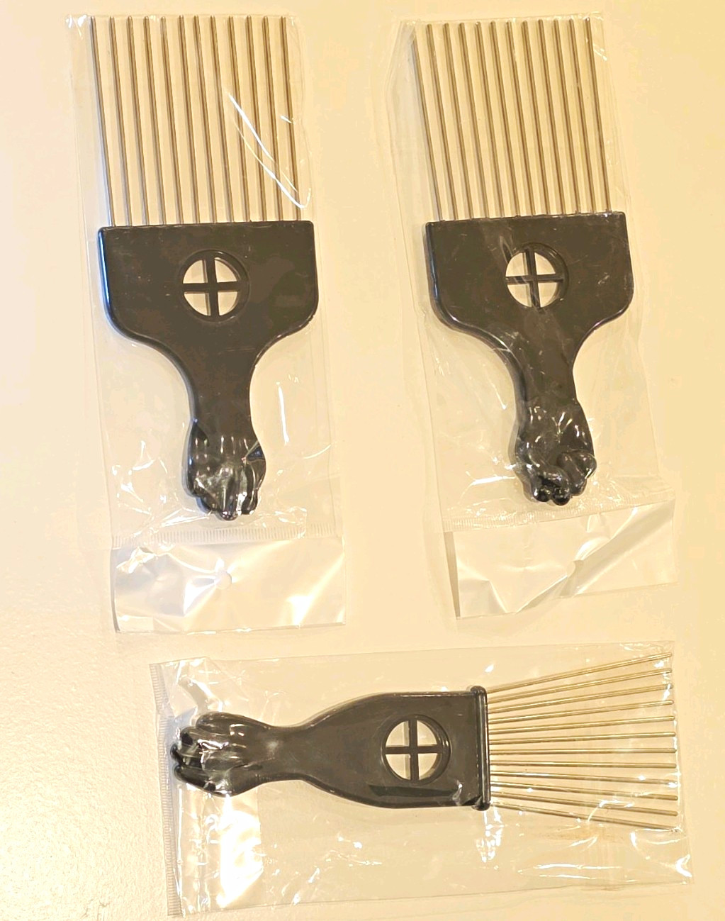 3pcs Black Wide Tooth Hair Pick Comb Set, Plastic, 4 in, Unisex