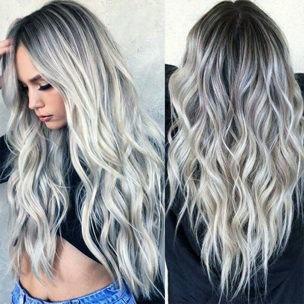 Women Gray White Ombre Long Wavy Curly Full Wigs Cosplay Party Synthetic Hair US