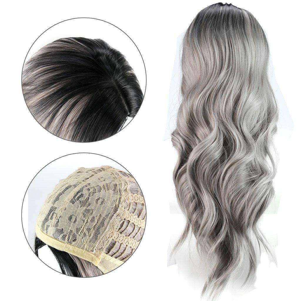 Women Gray White Ombre Long Wavy Curly Full Wigs Cosplay Party Synthetic Hair US