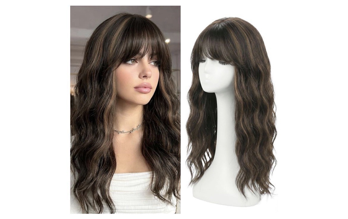 20” Synthetic Wavy Dark Brown Chestnut Highlights w/ French Bangs Hair Topper