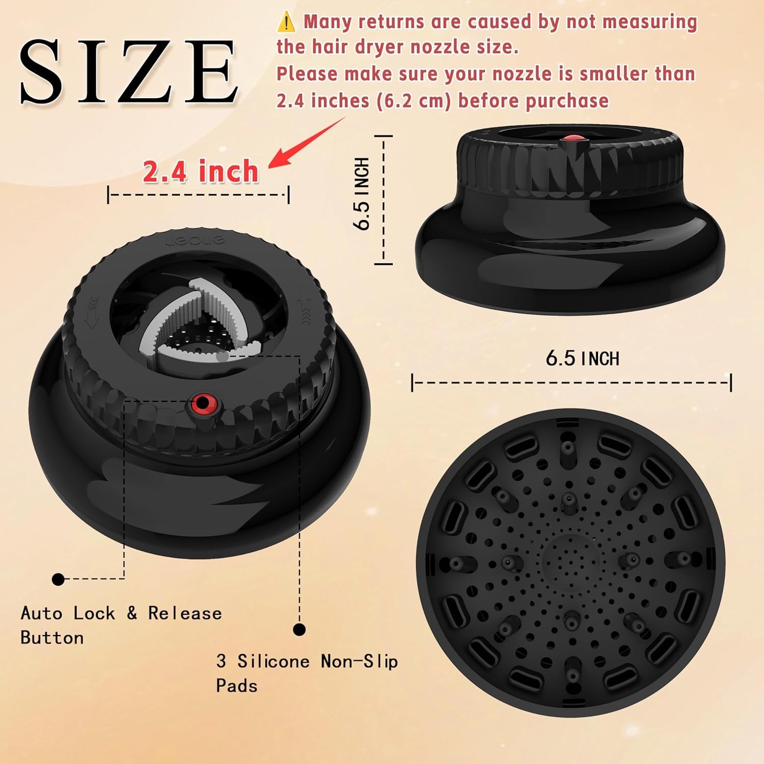 Universal Hair Diffuser Attachment 1.4-2.4in Blow Dryer Curly Wavy Hair Black