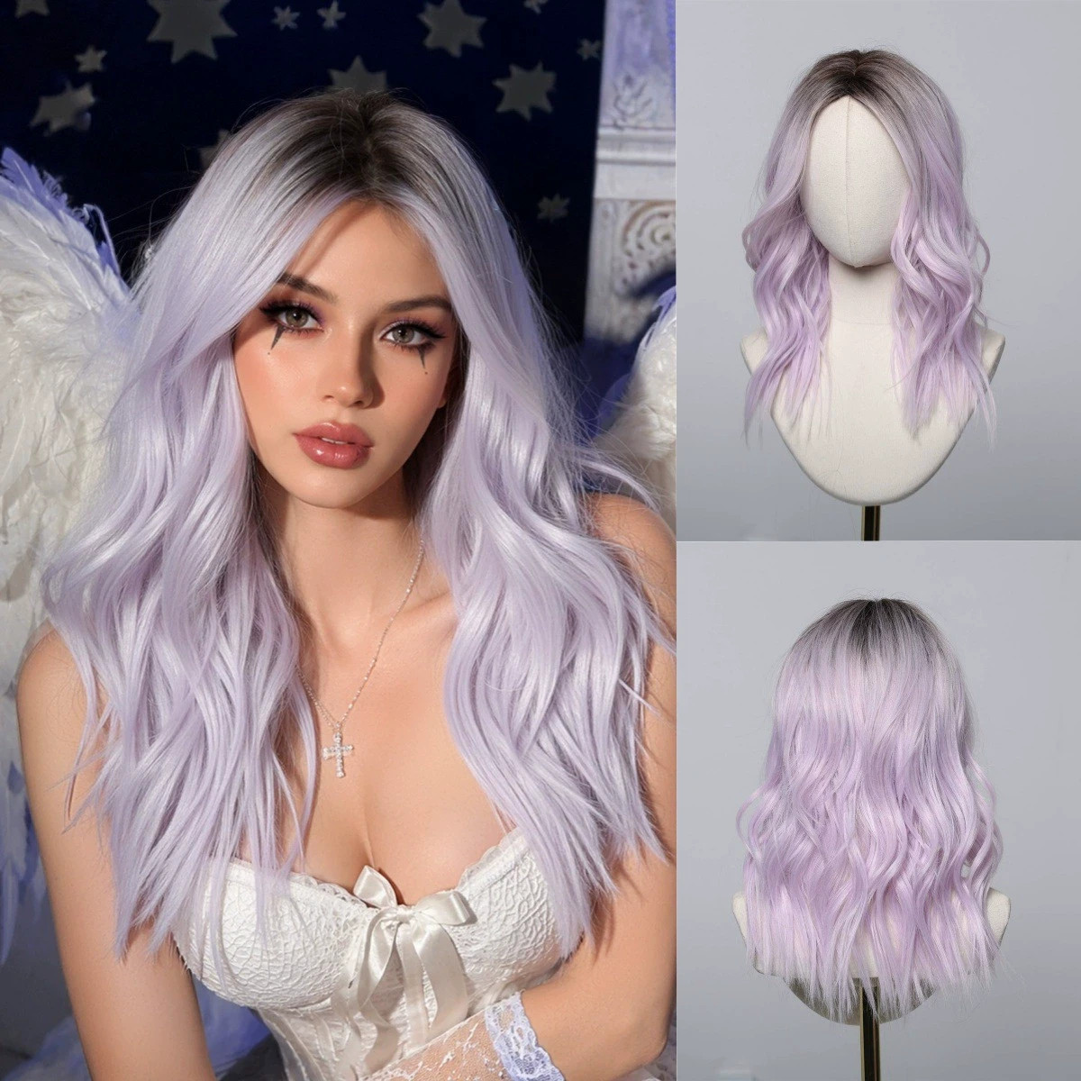 Purple Wig Medium Length Lavender Wigs for White Women 20 Inch Ombre Bob Wig