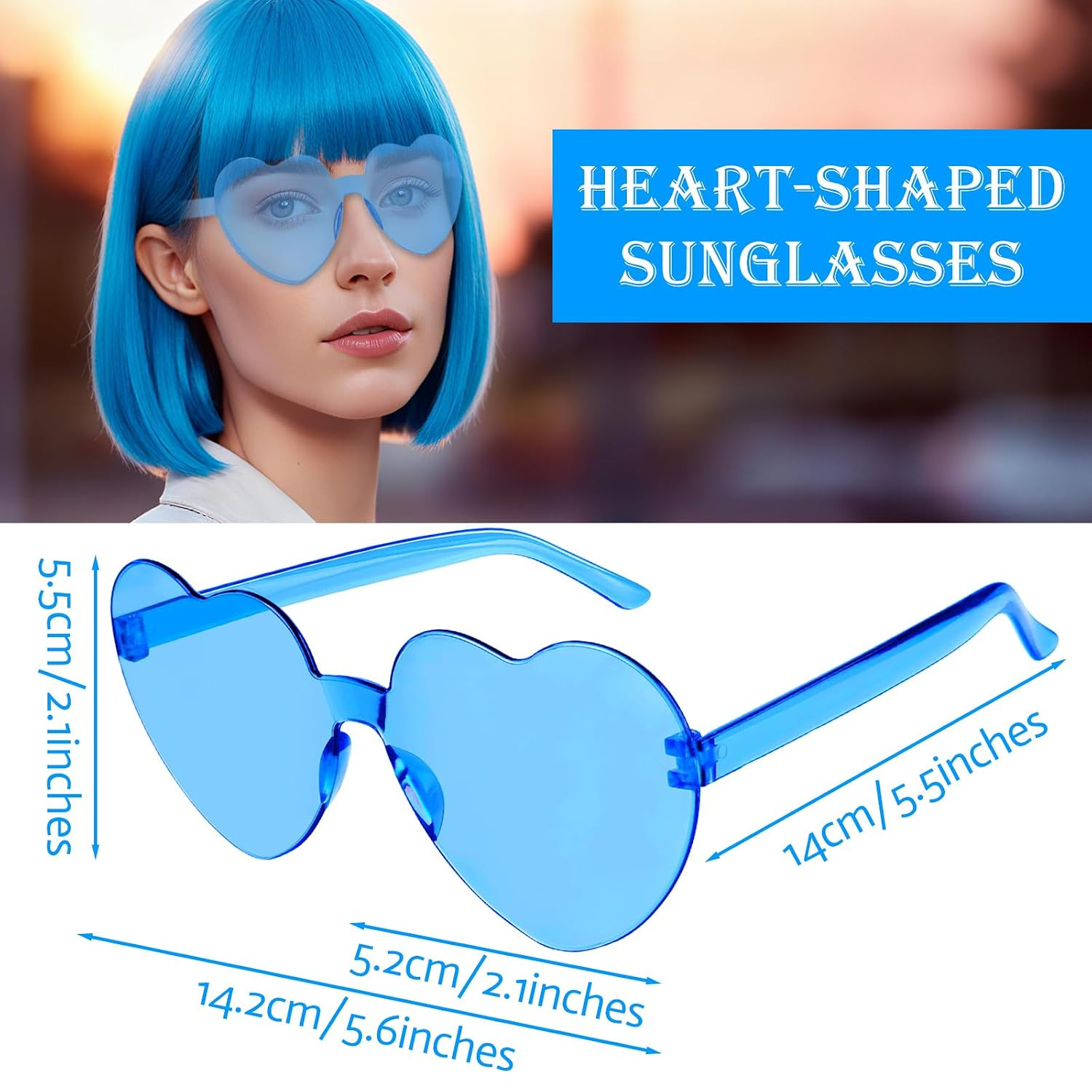 2 Pack Colored Bob Wigs and Heart Sunglasses Set, Blue Hot Pink Short Straight B