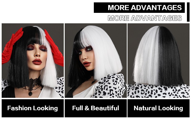 13in Black White Cruella Bob Wig Two Tone Heat Resistant Synthetic Cosplay