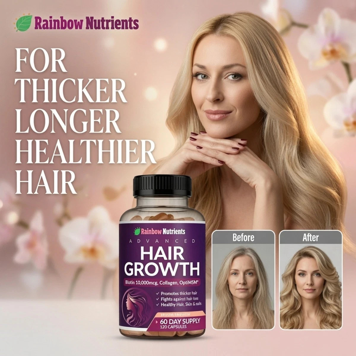 Rainbow Nutrients Advanced Hair Support – Biotin 10,000mcg+Collagen,120 Capsules
