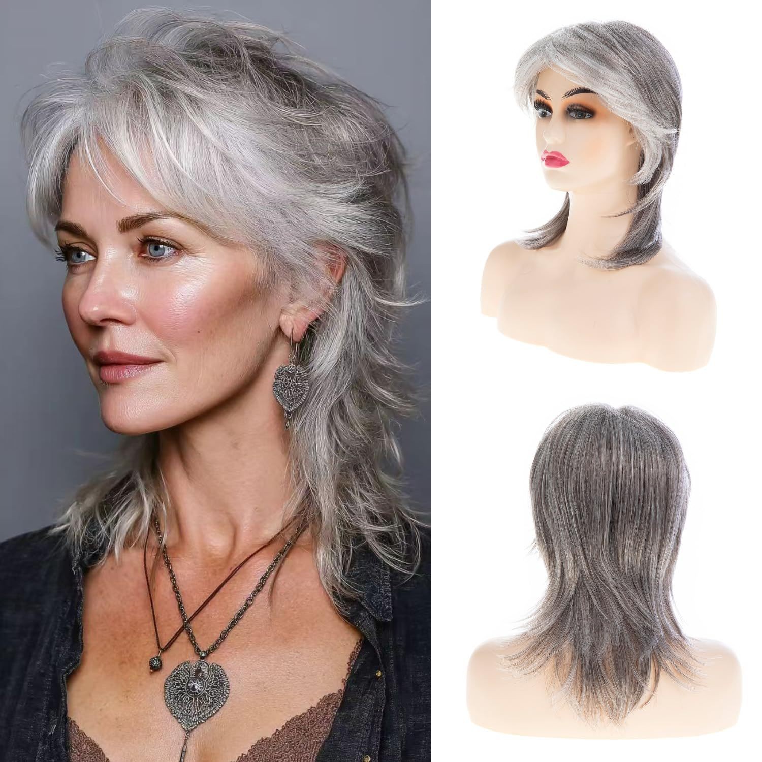 Mullet Wigs for Women Shoulder Length Gray White Layered Old Lady Wig Cosplay Pa