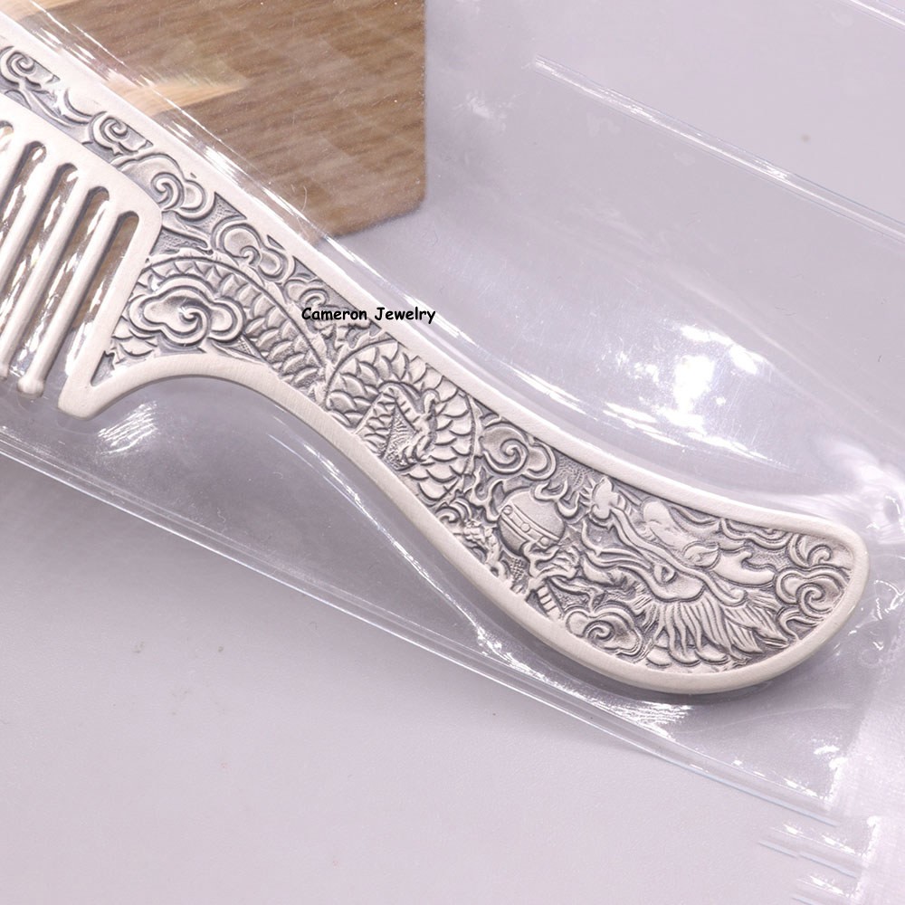 Pure S999 Fine Silver Comb Women Health Dragon Phoenix Hair Comb 40-41g 4.88in