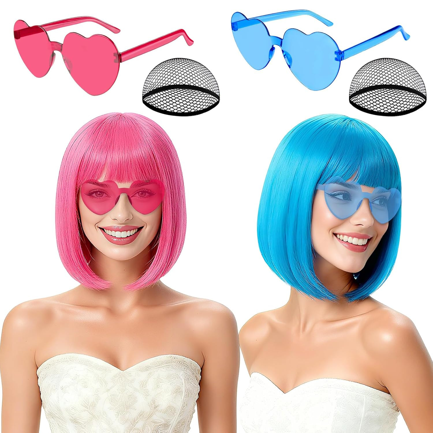 2 Pack Colored Bob Wigs and Heart Sunglasses Set, Blue Hot Pink Short Straight B