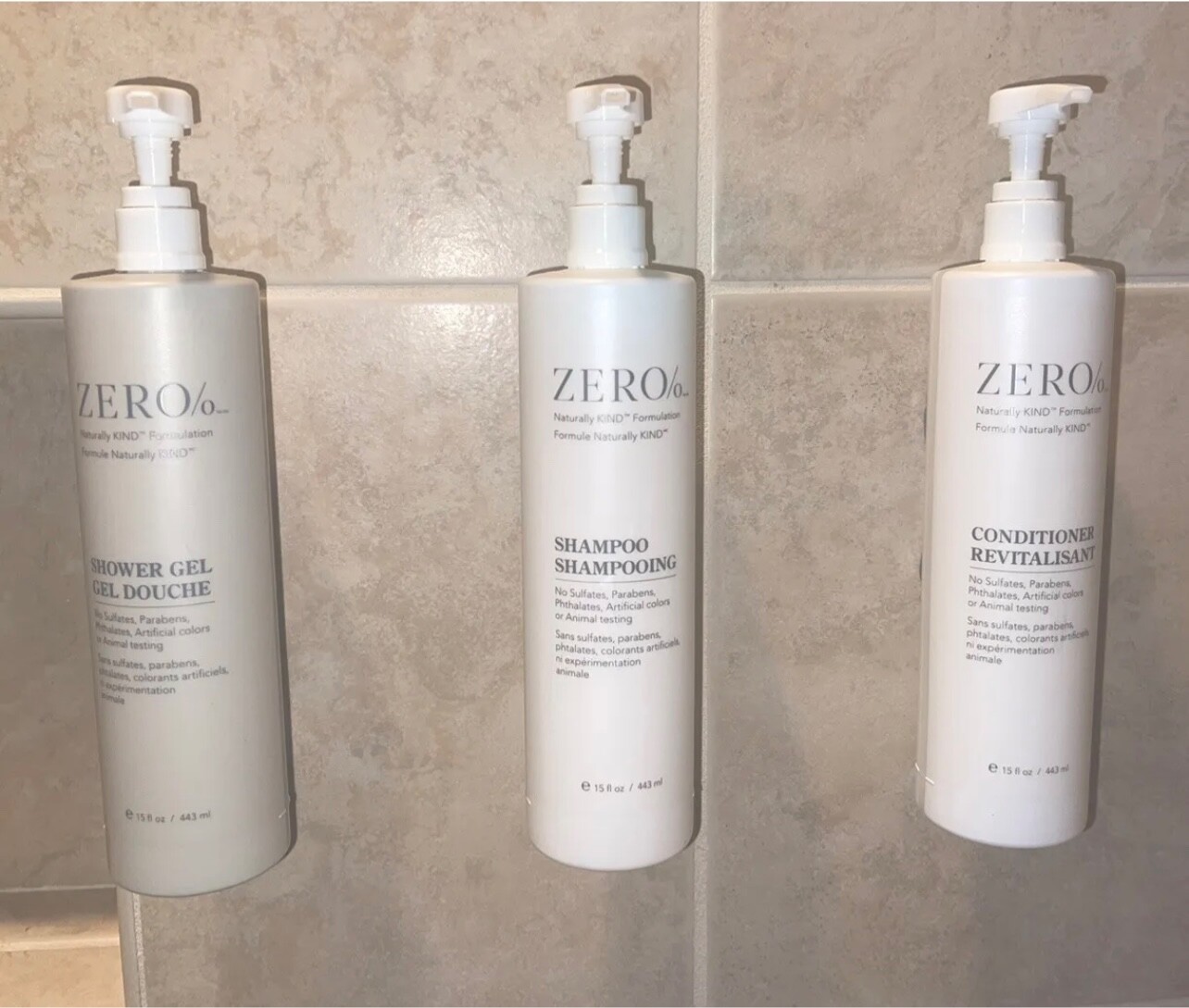 Zero% 15oz X1Shampoo 1 Conditioner 1 Shower Gel 1 Lotion 1 Hand wash 5 Bracket