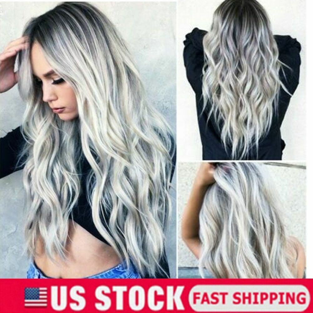 Women Gray White Ombre Long Wavy Curly Full Wigs Cosplay Party Synthetic Hair US