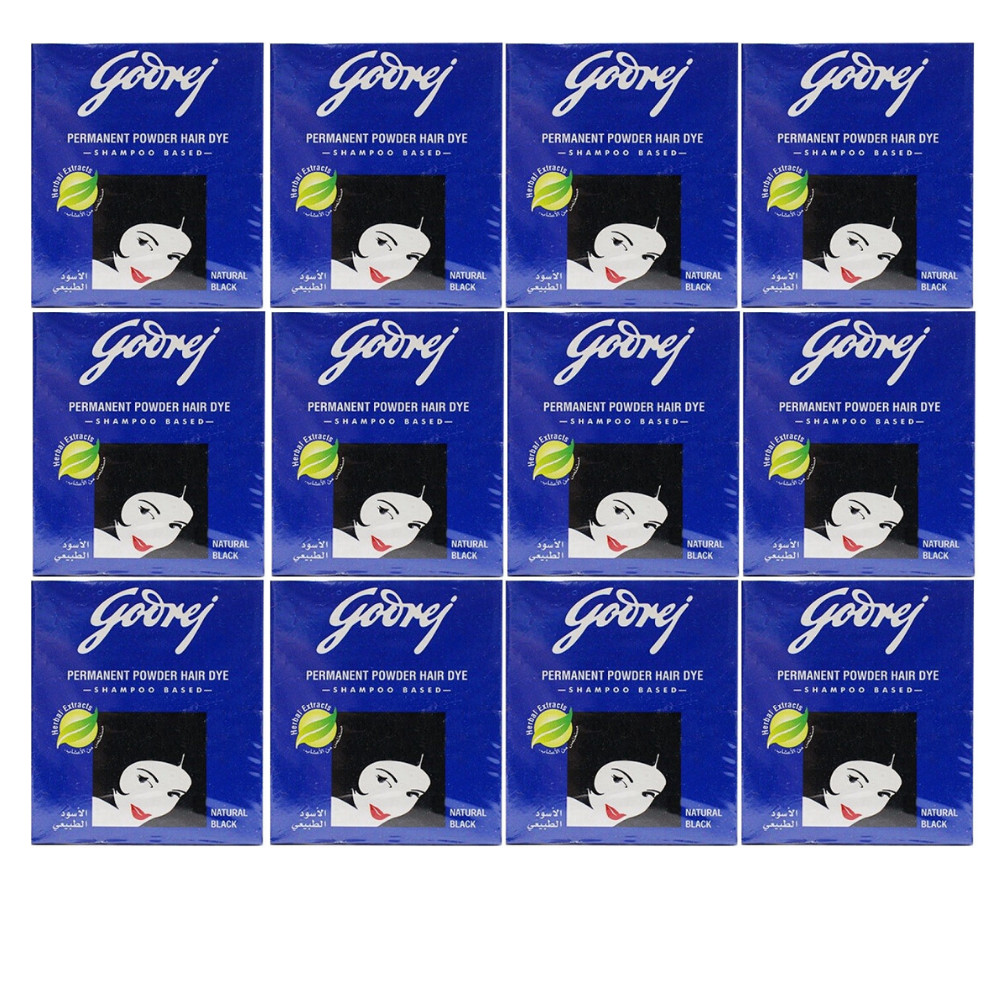 (PACK OF 12) Godrej Permanent Powder Hair Dye Herbal Extracts Natural Black (9g)