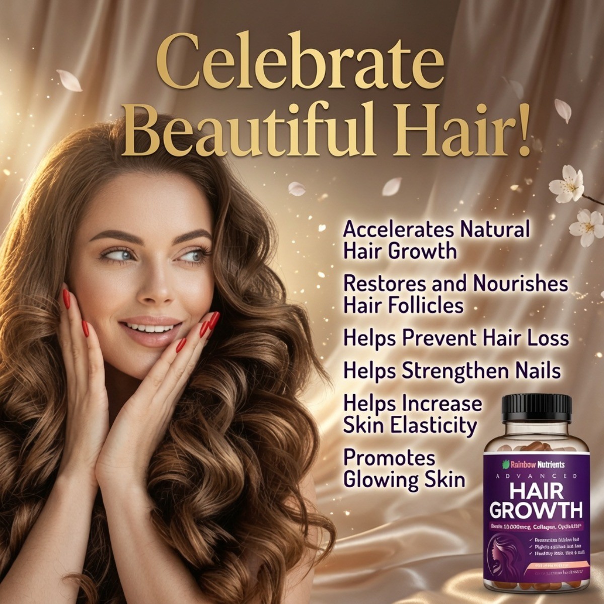 Rainbow Nutrients Advanced Hair Support – Biotin 10,000mcg+Collagen,120 Capsules
