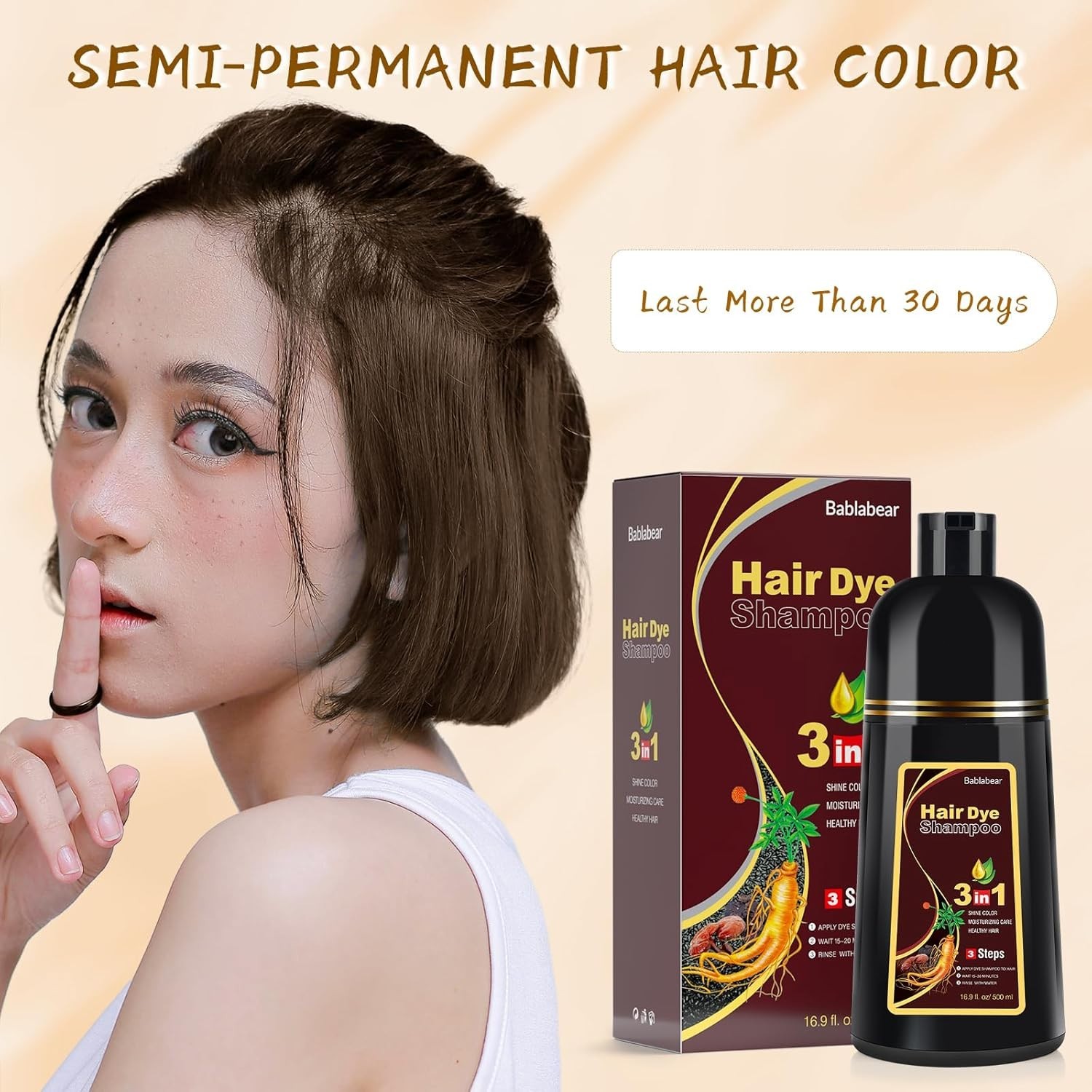Hair Dye Shampoo for Gray Hair Coverage, 3 in 1 Natural Black Dye for Women Men