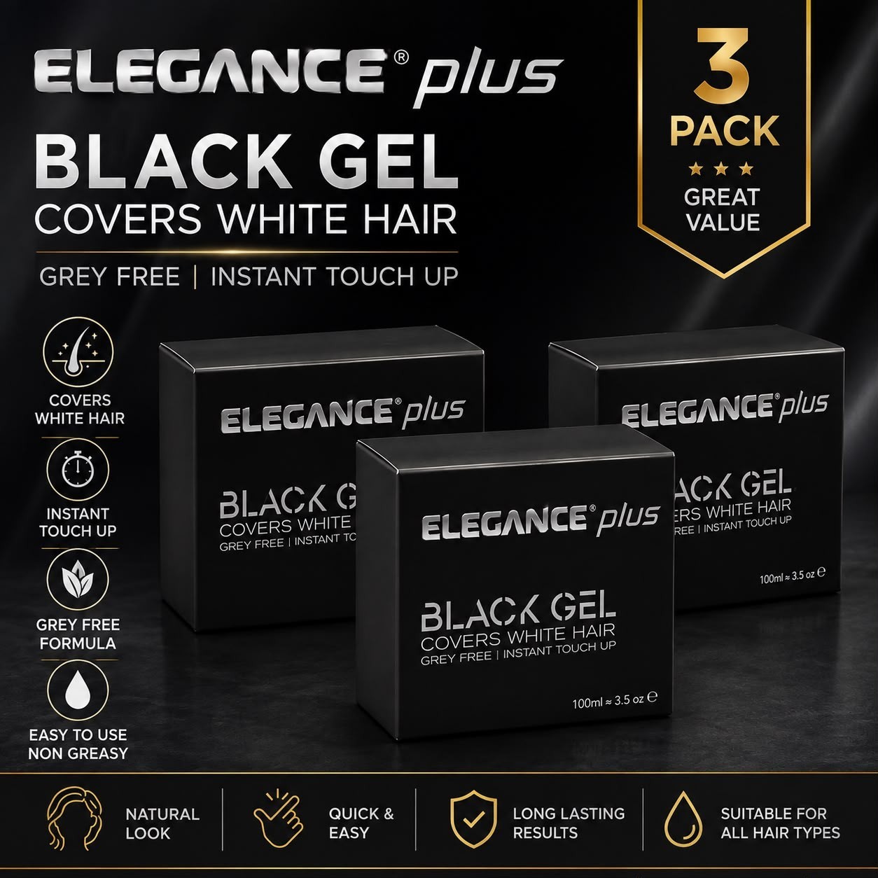 Elegance Plus Black Gel 3 Pack 100ml Covers White Gray Hair Instant Touch Up