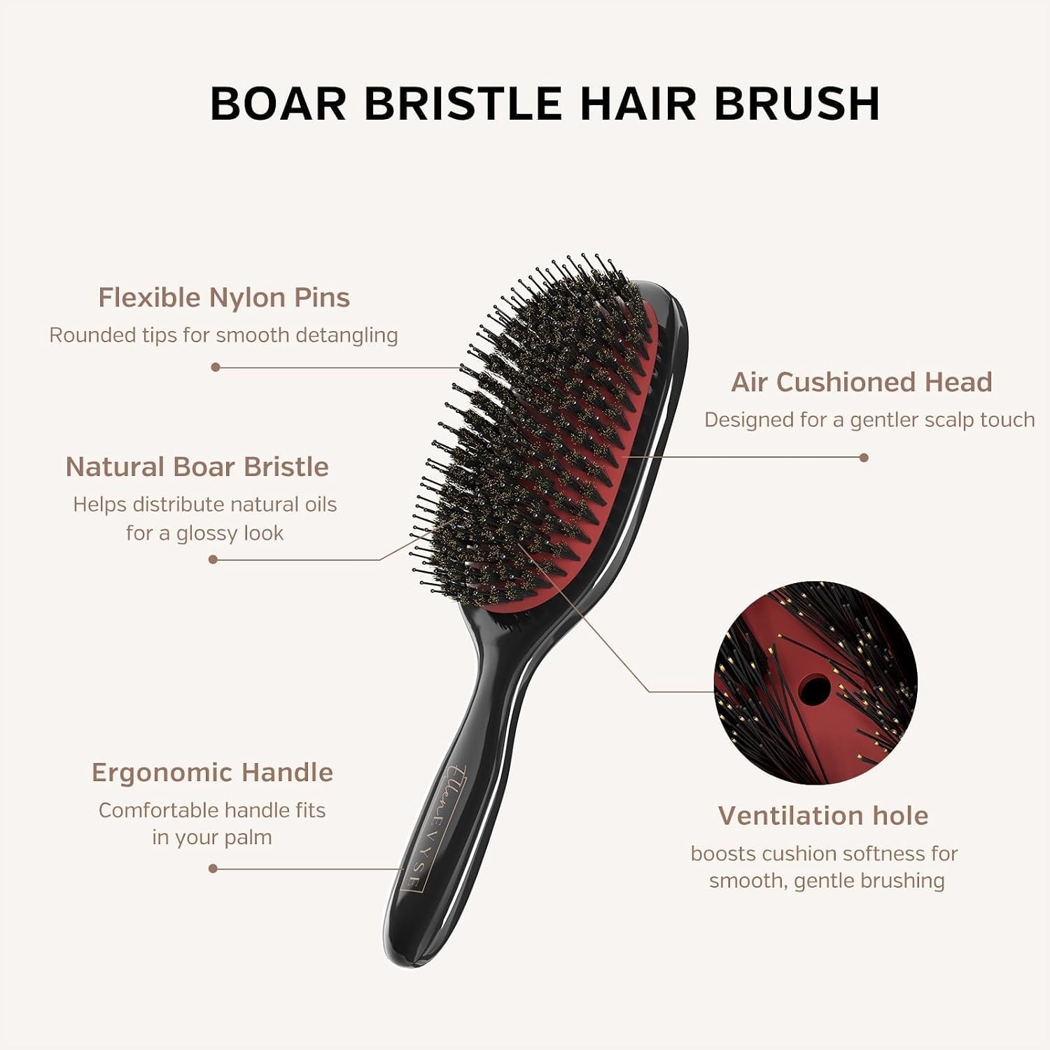 Boar Bristle Hair Brush, Soft Boar Bristles for Detangling, Enhancing Shine | fo