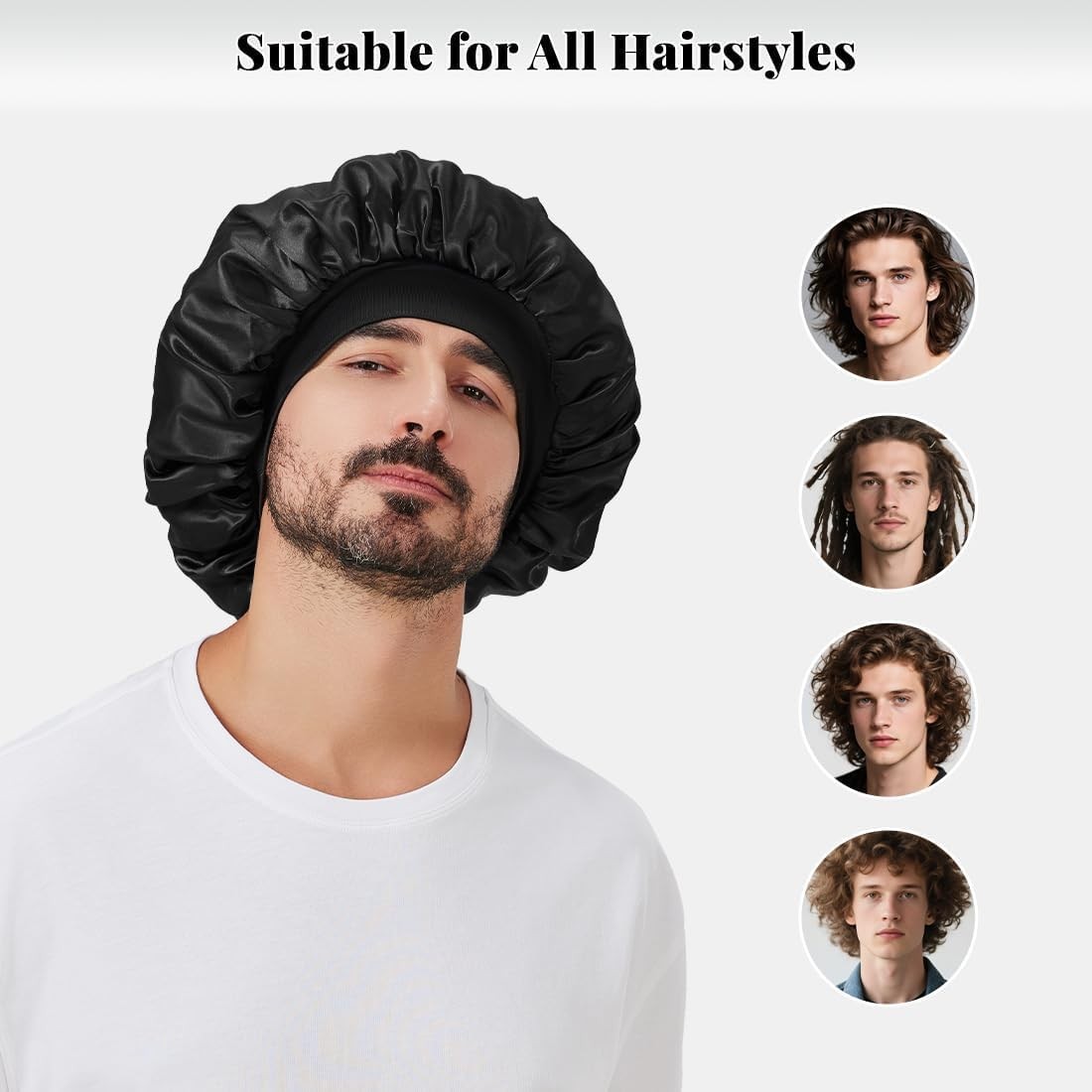 Satin Bonnet for Men, Silk Sleeping with Wide 13.8 Inch, A01-black