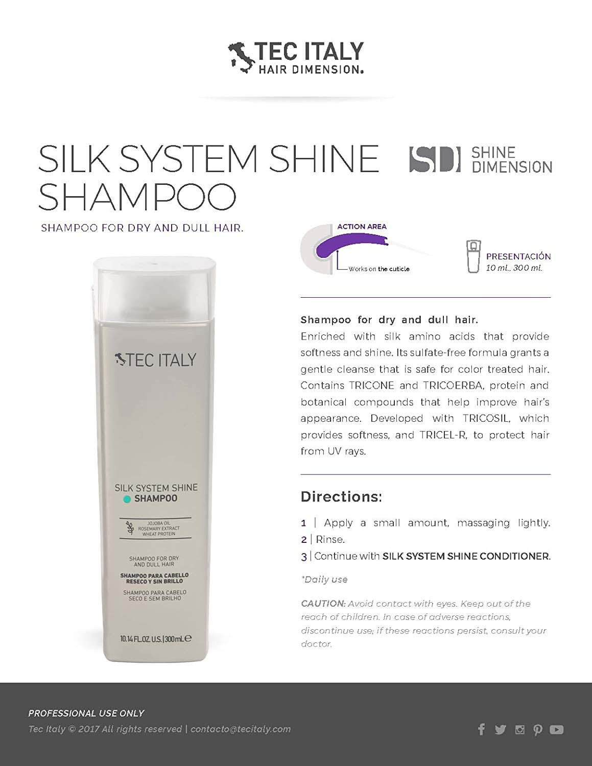 Tec Italy Sulfate Free Silk System Shine Shampoo, Conditioner & Serum 10.1 oz