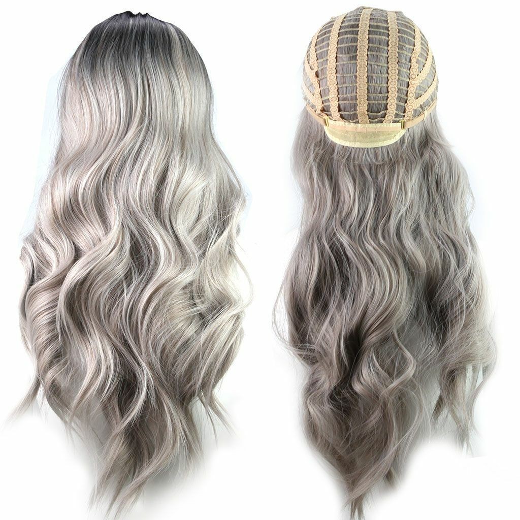 Women Gray White Ombre Long Wavy Curly Full Wigs Cosplay Party Synthetic Hair US