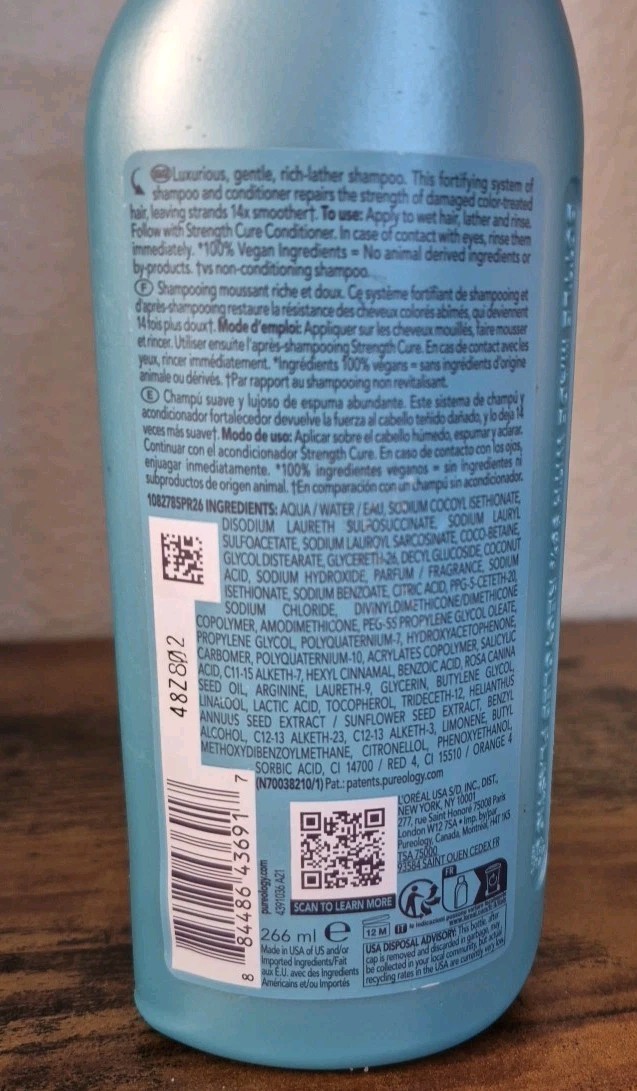 Pureology Strength Cure Shampoo 9oz/266ml Damaged, Color Treated Hair 100% Vegan