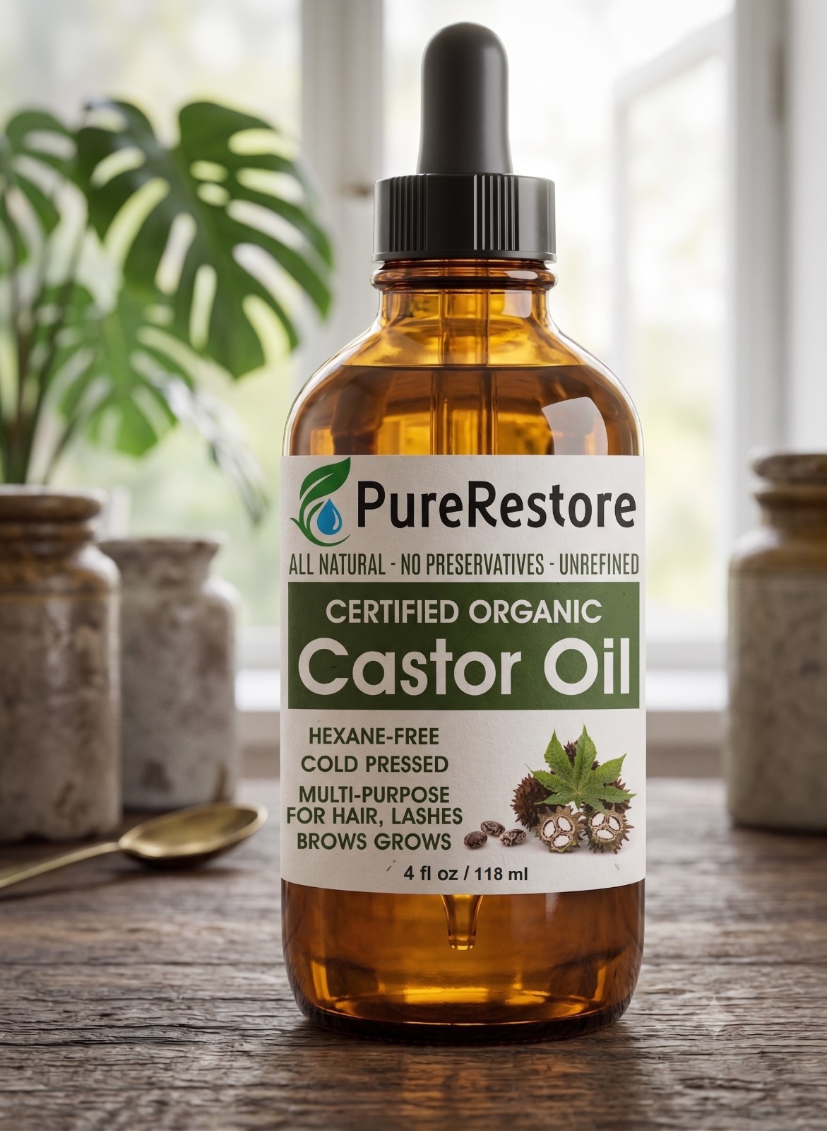 Castor Oil Organic 100% PURE All Natural, Cold Pressed Unrefined Glass Bottle