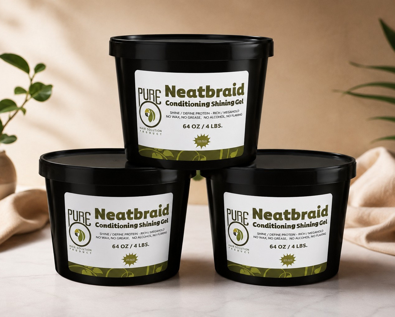 3 Pack Neatbraid Conditioning Shine Hair Gel Mega Hold 64 oz Each – No Alcohol