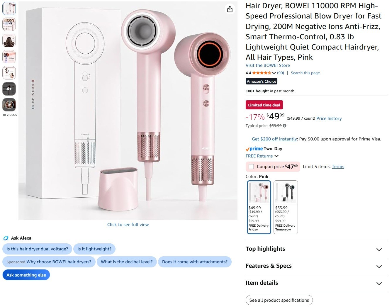 BOWEI B11 – High Speed Brushless Hair Dryer 1300W – Pink