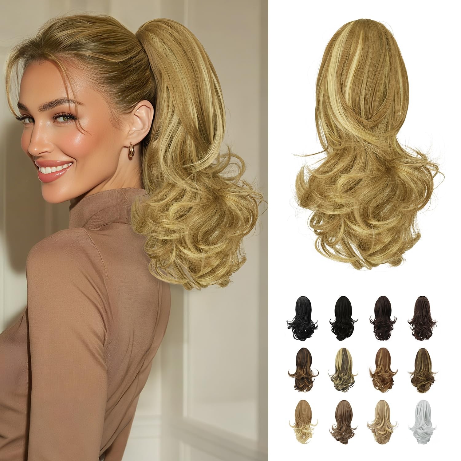 13″ Ponytail Extension Long Curly Ponytail Clip in Claw Hair Extension Natural