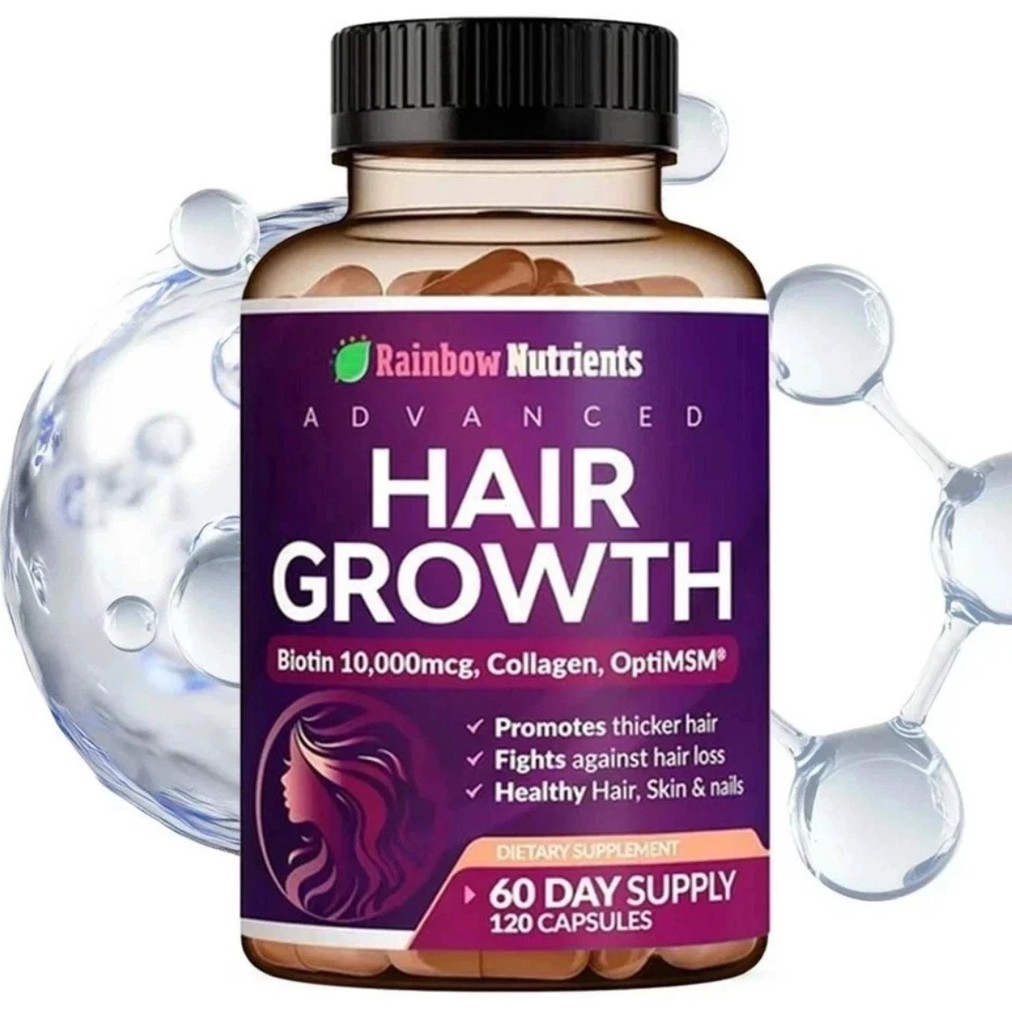 Rainbow Nutrients Advanced Hair Support – Biotin 10,000mcg+Collagen,120 Capsules