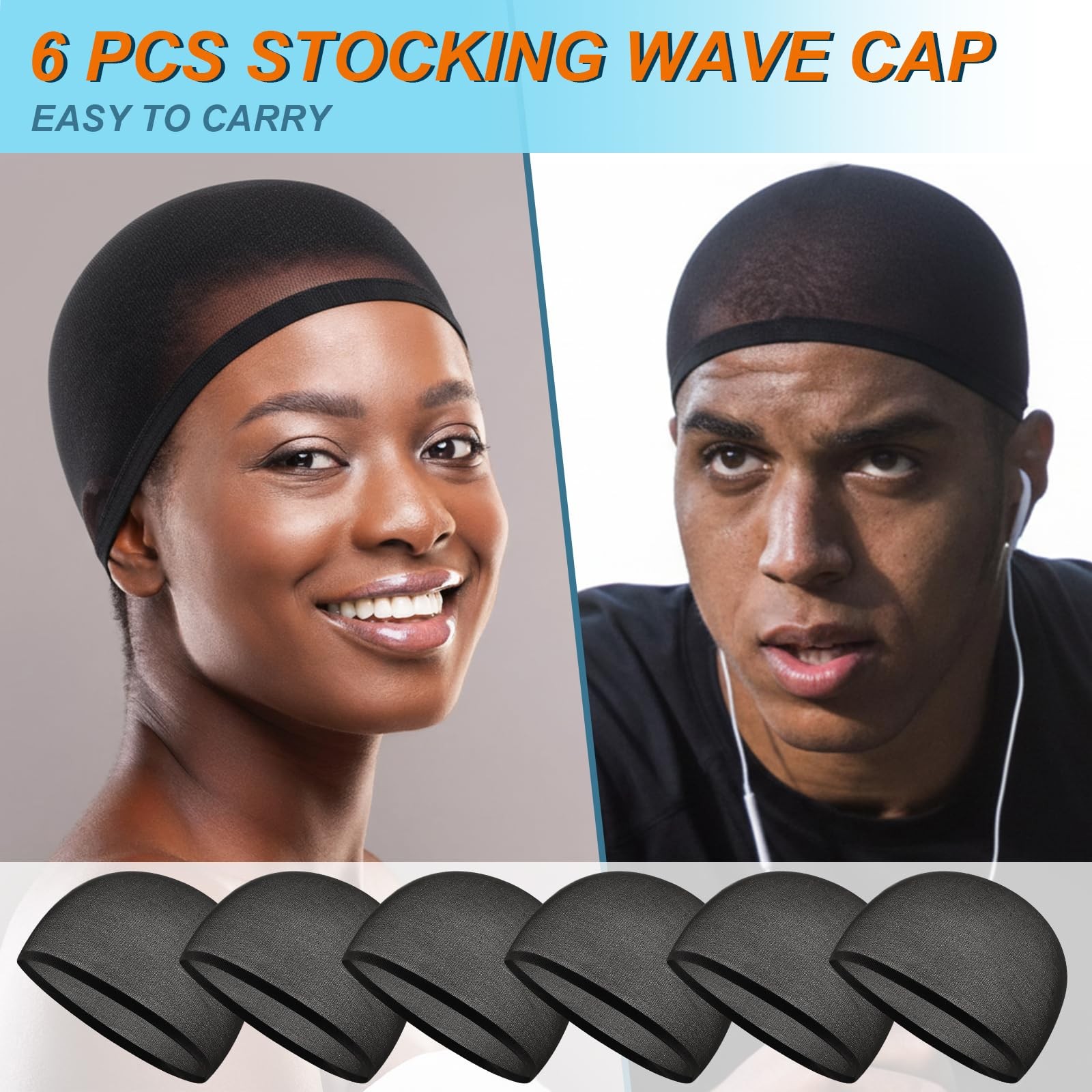 Ramede 6 Pcs 20 Stocking Lightweight Beanie Men Wave Caps, Adult, Black