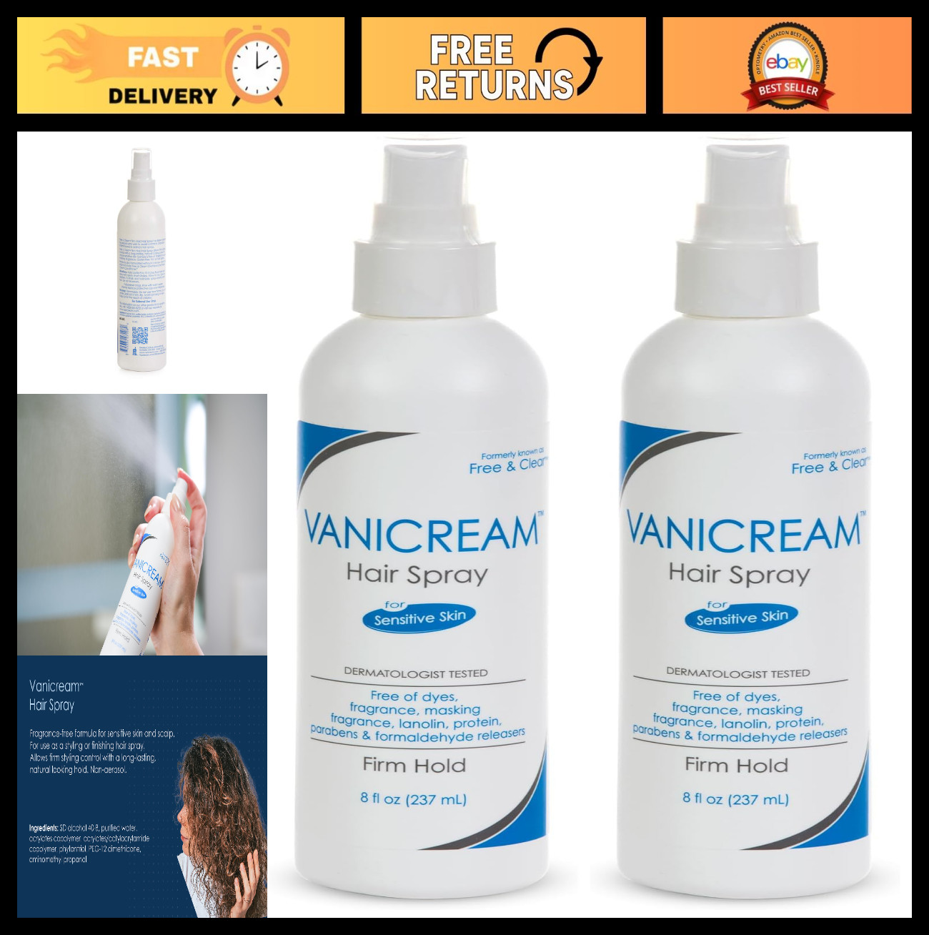 Fragrance-Free Firm Hold Hairspray for Sensitive Skin, Gluten-Free, 8 oz (2 Pack