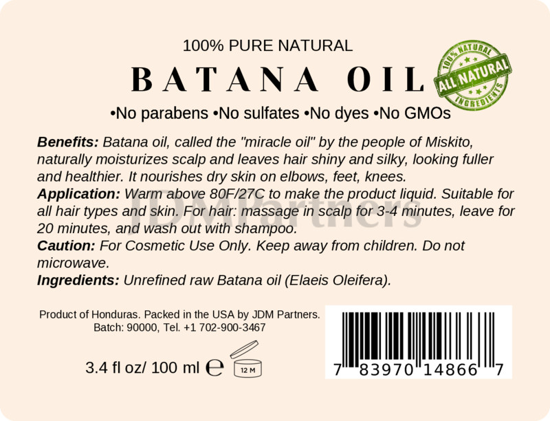 100% Organic Batana Oil from Honduras, natural hair growth 3.4 fl.oz/100ml