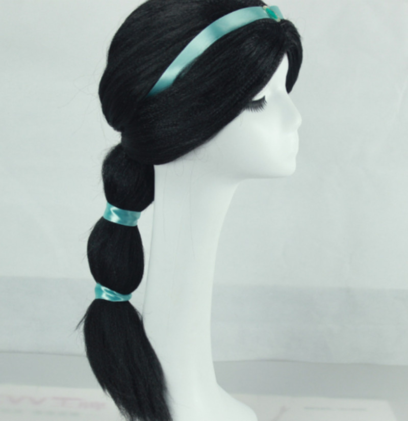 Adult Aladdin Princess Jasmine Cosplay Black Wig w/Ribbon for Halloween Costume