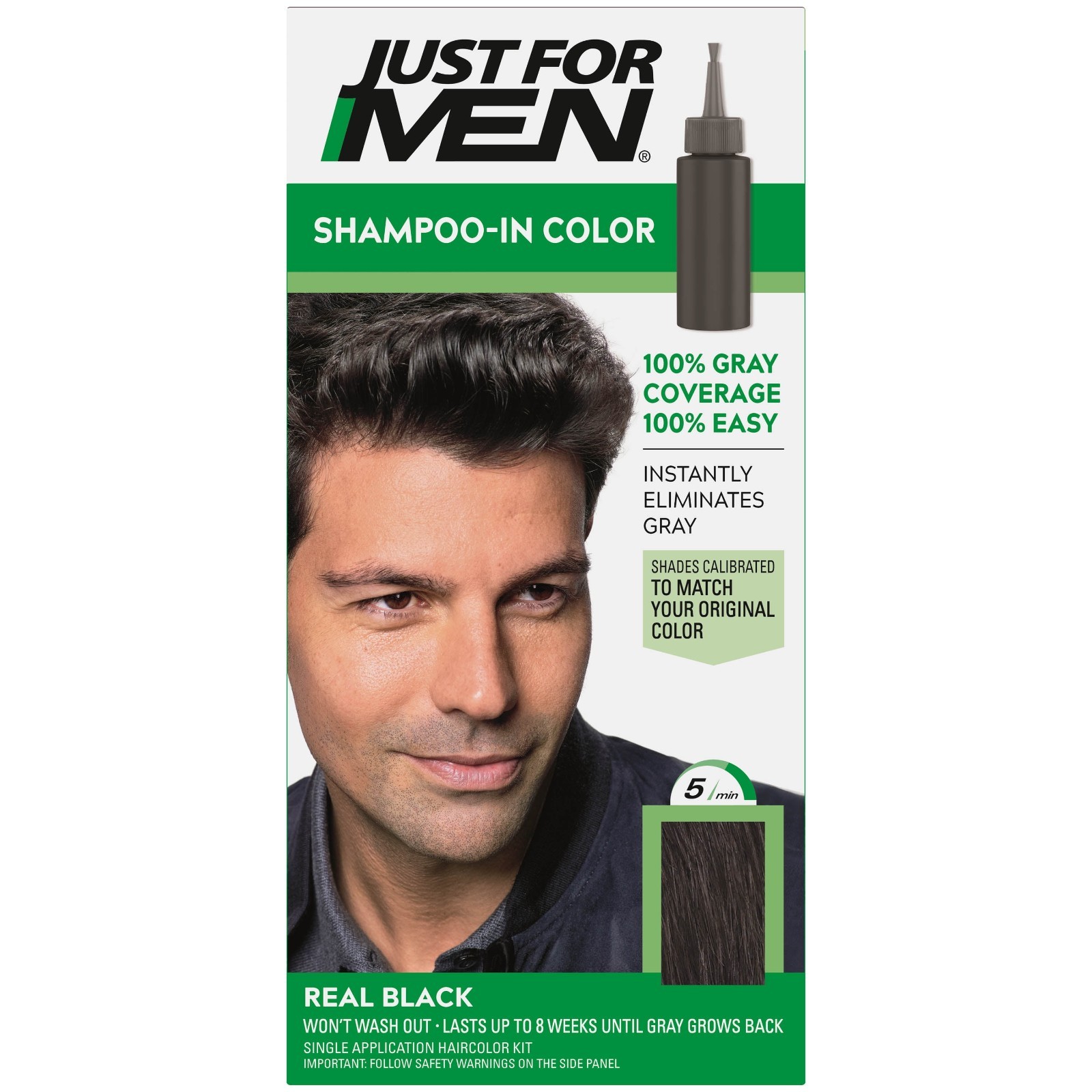 3 PK Just For Men Shampoo-In Color Hair Dye Real Black, H-55, Mens Gray Coverage