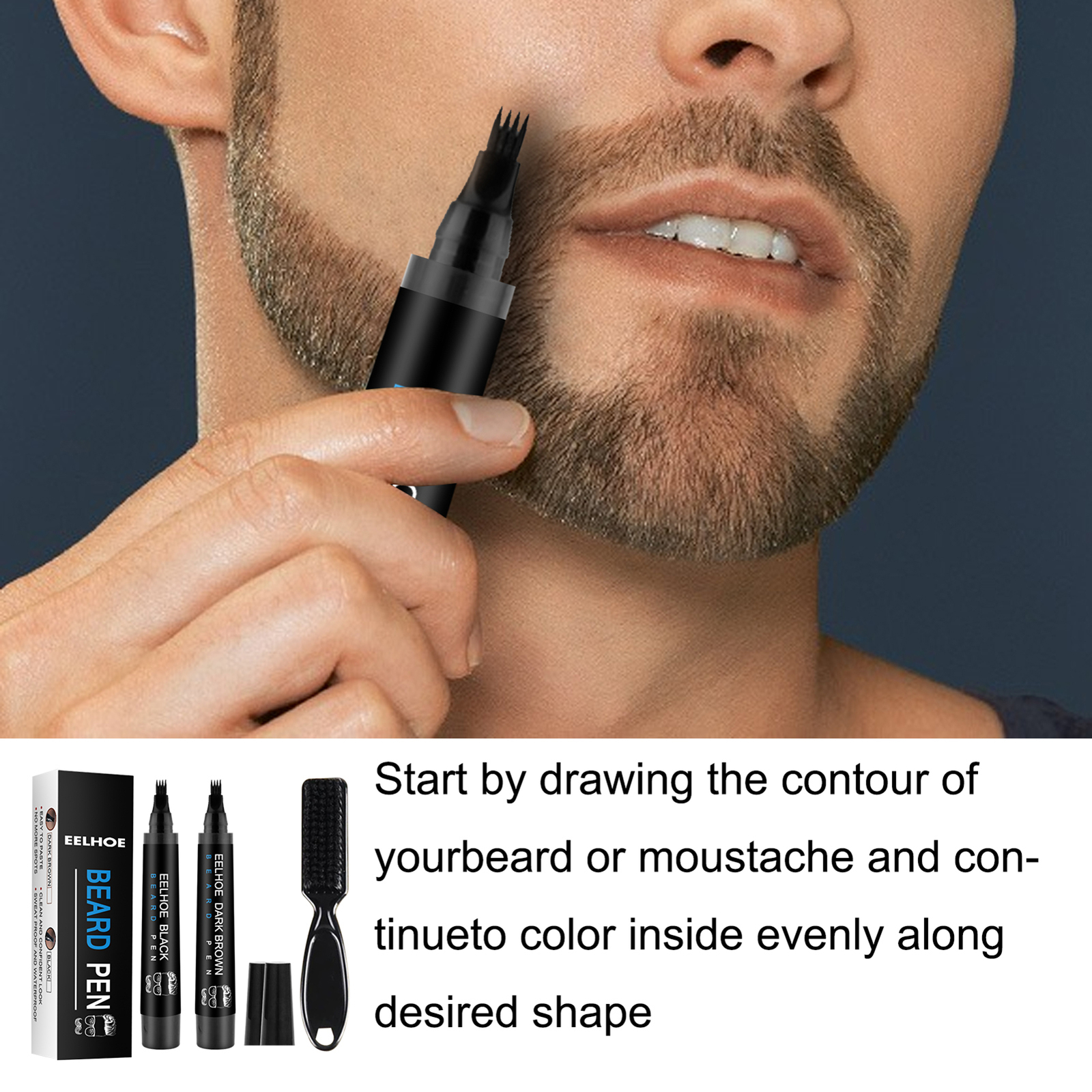 2 × Men Beard Filling Pen Hair Grower Filler Moustache Eyebrow Brush Tool Kit US