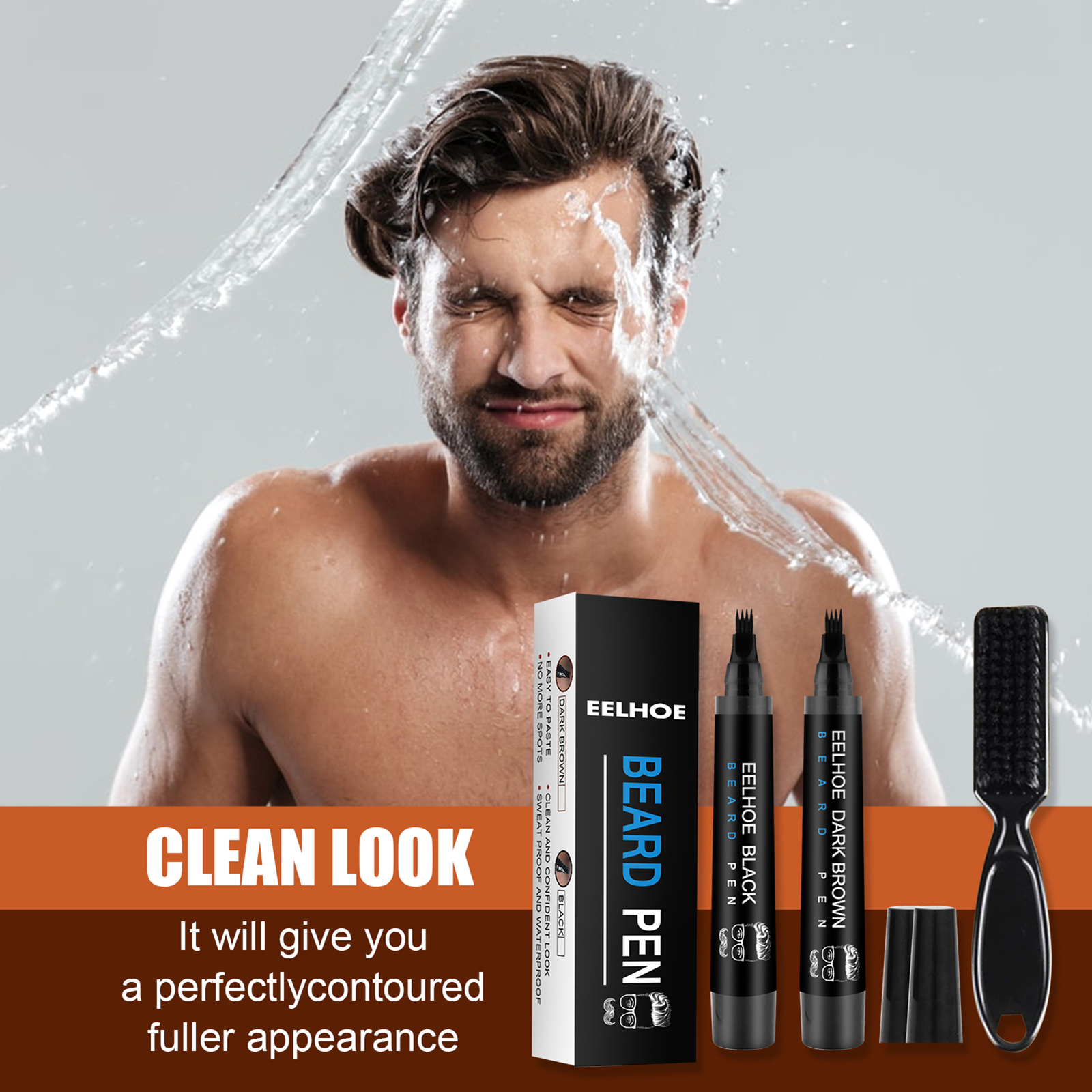 2 × Men Beard Filling Pen Hair Grower Filler Moustache Eyebrow Brush Tool Kit US