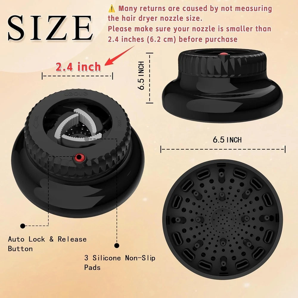Universal Hair Diffuser Attachment 1.4-2.4in Blow Dryer Curly Wavy Hair Black